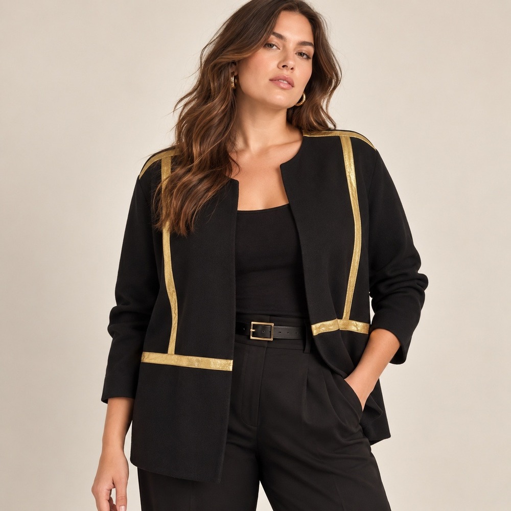 Donna Karan Jacket Women L Black Vintage Gold Leather Trim Wool Luxury Designer